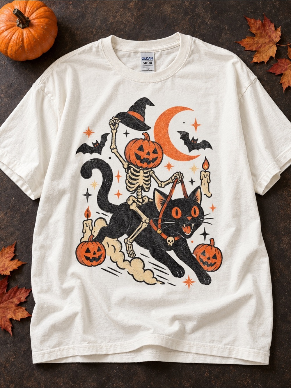 Gildan Cream Halloween Cat & Pumpkin Graphic Tee